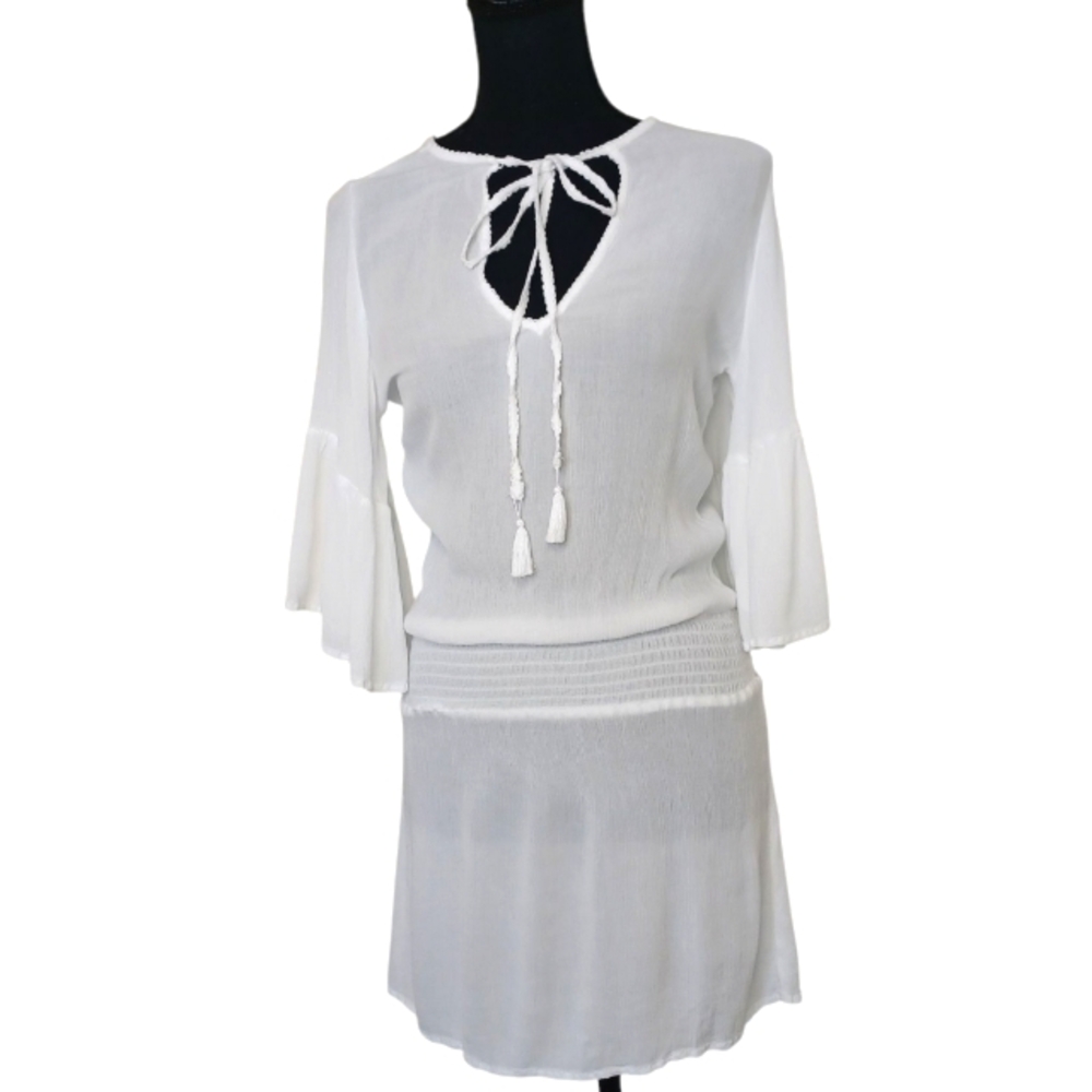 Maaji Tie Front Bell Sleeve Gauzy Tunic Swim Cover Up Dress Women's Sz Sm White